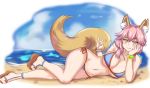  animal_ears beach bikini blue_bikini breasts commentary day english_commentary eyebrows_visible_through_hair fang fang_out fate/grand_order fate_(series) fox_ears fox_shadow_puppet fox_tail full_body hair_between_eyes highres large_breasts lying nav navel on_side outdoors pink_hair platform_footwear side-tie_bikini smile solo swimsuit tail tamamo_(fate)_(all) tamamo_no_mae_(swimsuit_lancer)_(fate) yellow_eyes 
