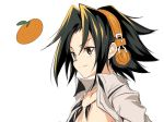  asakura_you bangs black_hair closed_mouth commentary_request food from_side fruit grey_shirt headphones male_focus mandarin_orange open_clothes open_shirt parted_bangs shaman_king shirt simple_background smile solo tooth_necklace ulrich_(tagaragakuin) upper_body white_background wing_collar 