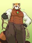  anthro bdsm bridle button_(fastener) clothed clothing domination fur gem holding_object jewelry looking_at_viewer looking_down low-angle_view male mammal meesh muscular muscular_male necklace partran partran_(red_panda) red_panda rope smile solo standing 