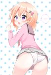  1girl ass bangs blush breasts eyebrows_visible_through_hair from_behind from_below gochuumon_wa_usagi_desu_ka? hair_between_eyes hair_ornament hairclip highres hoto_cocoa komachi long_hair long_sleeves panties pleated_skirt polka_dot polka_dot_panties purple_eyes school_uniform shiny shiny_hair shiny_skin skirt small_breasts solo spoken_blush underwear uniform upskirt white_panties 