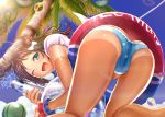  ahoge alternate_costume ass azur_lane ball beachball bikini blue_bikini blue_sky blurry blush bow breasts brown_hair cameltoe cloud commentary_request day depth_of_field double_bun from_behind green_eyes hair_bow head_tilt highres holding innertube kirewisha le_mars_(azur_lane) looking_at_viewer looking_back one_eye_closed open_mouth outdoors palm_tree scrunchie see-through sky smile solo staff swimsuit tan tanline thighs transparent tree water wet white_bow wrist_scrunchie 