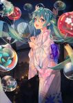  ahoge fan fang floating_hair from_side green_eyes green_hair hair_between_eyes haitang hatsune_miku japanese_clothes long_hair looking_at_viewer night open_mouth outdoors paper_fan sidelocks solo twintails uchiwa very_long_hair vocaloid wind_chime 