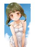  3: alternate_costume blue_sky blush bob_cut braid breasts brown_eyes casual_one-piece_swimsuit chi_gura-ya closed_mouth cloud cloudy_sky collarbone commentary_request covered_navel day embarrassed frilled_swimsuit frills green_hair highres kantai_collection looking_at_viewer one-piece_swimsuit outdoors short_hair_with_long_locks sky small_breasts solo swimsuit swimsuit_skirt takanami_(kantai_collection) v_arms wavy_mouth white_swimsuit 