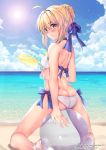  ahoge artoria_pendragon_(all) artoria_pendragon_(swimsuit_archer) ass back ball bangs bare_arms bare_legs bare_shoulders beach beachball bikini blonde_hair blue_bow blue_sky blush bow braid breasts butt_crack closed_mouth cloud cloudy_sky commentary_request day eyebrows_visible_through_hair fate/grand_order fate_(series) french_braid full_body green_eyes hair_between_eyes hair_bow hair_ribbon halter_top halterneck highres holding horizon light_rays looking_at_viewer obiwan ocean outdoors ribbon sand sandals shiny shiny_skin short_hair side-tie_bikini sidelocks skindentation sky small_breasts smile solo sun sunbeam sunlight swimsuit thighs water water_gun white_bikini 