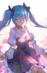  black_bow blue_eyes blue_hair bow cha_(pixiv12794171) closed_mouth collared_shirt eyebrows_visible_through_hair hair_bow hatsune_miku long_hair long_sleeves looking_at_viewer shirt smile solo twintails vocaloid 