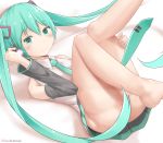  absurdres bangs bare_legs barefoot black_skirt blush closed_mouth collared_shirt commentary detached_sleeves eyebrows_visible_through_hair fingernails glowing green_eyes green_hair green_neckwear hair_between_eyes hair_ornament hamayuu_(litore) hand_up hatsune_miku headphones highres legs_up long_hair long_sleeves lying necktie on_back pleated_skirt shirt skirt smile solo twintails twitter_username very_long_hair vocaloid white_shirt 