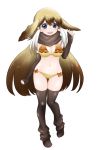  :d bikini black_gloves black_legwear blonde_hair blue_eyes bow_bikini breasts brown_hair elbow_gloves eyebrows_visible_through_hair full_body gloves gradient_hair hand_up ise_(0425) kemono_friends long_hair looking_at_viewer medium_breasts multicolored_hair navel open_mouth partly_fingerless_gloves scarf simple_background smile solo standing steller's_sea_lion_(kemono_friends) swimsuit thighhighs very_long_hair white_background white_hair 