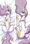  2018 butt crown dakimakura_design equine fan_character female feral friendship_is_magic gold_(metal) hair horn jewelry john_joseco lying mammal my_little_pony necklace on_back pink_hair pose princess_celestia_(mlp) princess_molestia purple_eyes solo sparkles tongue tongue_out winged_unicorn wings 