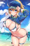  ahoge artoria_pendragon_(all) ass baseball_cap bikini blonde_hair blue_eyes blue_gk blue_hat blue_sky blurry blush bouncing_breasts breasts butt_crack commentary cowboy_shot curvy day depth_of_field eyes_visible_through_hair fate_(series) hair_between_eyes hair_through_headwear hat highres large_breasts leaning_forward light_particles long_hair looking_at_viewer mysterious_heroine_xx_(foreigner) navel outdoors parted_lips ponytail shiny shiny_skin shrug_(clothing) side-tie_bikini sideboob skindentation sky solo standing standing_on_one_leg stomach sweat sweatdrop swimsuit thigh_strap thighs towel underboob white_bikini 