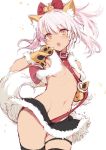  :o animal_ears bangs bell black_legwear black_skirt blush breasts chloe_von_einzbern collar contrapposto cowboy_shot dark_skin eyebrows_visible_through_hair fate/kaleid_liner_prisma_illya fate_(series) fur_trim hair_bell hair_ornament hips jingle_bell microskirt nanananana navel open_mouth paws pink_hair ponytail revealing_clothes simple_background sketch skirt small_breasts solo thighhighs thighs white_background yellow_eyes 