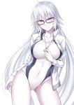  ahoge bespectacled blush breasts cleavage commentary_request competition_swimsuit contrapposto cosplay covered_navel cowboy_shot fate/grand_order fate_(series) glasses hair_between_eyes highleg highleg_swimsuit highres ijima_yuu jacket jeanne_d'arc_(alter_swimsuit_berserker) jeanne_d'arc_(fate)_(all) jeanne_d'arc_(swimsuit_archer) jeanne_d'arc_(swimsuit_archer)_(cosplay) large_breasts long_hair looking_at_viewer one-piece_swimsuit pale_skin solo swimsuit thighs very_long_hair whistle white_jacket yellow_eyes 
