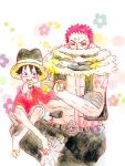  2boys age_difference angry artist_request black_hair blood charlotte_katakuri fangs food grabbing highres injury looking_at_viewer monkey_d_luffy multiple_boys muscle one_piece scar serious short_hair side_difference simple_background smile standing tattoo 
