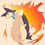  3_fingers 3_toes ambiguous_gender anthro black_fur blush feet fire fur nintendo pawpads paws pok&eacute;mon pok&eacute;mon_(species) red_eyes sanaki scarf short_tail simple_background smile solo tan_fur teeth toes typhlosion video_games 