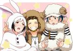  animal_hood brown_eyes brown_hair bunny_hood capelet closed_eyes cosplay dog_hood dog_tags double_v green_hair grin himeno_kanon himeno_kanon_(cosplay) hood idolmaster idolmaster_side-m igari_leo koron_chris male_focus mofumofuen multicolored_hair multiple_boys niki_(nikism1987) okamura_nao okamura_nao_(cosplay) red_eyes sheep_hat shiraishi_eru smile streaked_hair sweatdrop tachibana_shirou tachibana_shirou_(cosplay) two-tone_hair upper_body v vest white_hair wool 