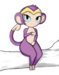  4_fingers 4_toes anthro blue_sclera blush covering covering_breasts crown embarrassed female fur kierus looking_at_viewer mammal monkey navel nude primate purple_fur shantae shantae_(series) short_stack simple_background solo toes video_games 