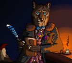  anthro book bow_tie candle canine clothed clothing coat collar eyewear feathers fully_clothed jewelry kadisurmik leaning looking_at_viewer male mammal monocle necklace smile smirk solo suit wolf 