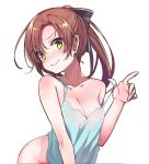  akigumo_(kantai_collection) bent_over blush bottomless breasts brown_hair camisole cleavage collarbone green_eyes hair_ribbon kantai_collection konnyaku_(kk-monmon) long_hair medium_breasts ponytail ribbon simple_background solo tongue tongue_out white_background 