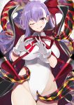  :q asymmetrical_bangs bangs bb_(fate)_(all) bb_(swimsuit_mooncancer)_(fate) blurry breasts cape closed_mouth cowboy_shot depth_of_field eyebrows_visible_through_hair fate/grand_order fate_(series) gloves hair_between_eyes hands_up heart heart_hands highleg highleg_leotard highres hips large_breasts leotard long_hair looking_at_viewer nanananana one_eye_closed purple_eyes purple_hair smile solo tentacles thighs tongue tongue_out white_gloves white_leotard 