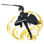  belt black_eyes black_gloves black_hair black_pants black_shirt clenched_teeth dual_wielding fingerless_gloves full_body gloves hair_between_eyes holding holding_sword holding_weapon kirito leg_up looking_at_viewer male_focus official_art outstretched_arms pants running shirt simple_background solo sword sword_art_online sword_art_online:_code_register teeth weapon white_background 