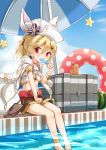  absurdres belt blonde_hair commentary_request container day eating flower food fruit girls_frontline hair_flower hair_ornament hat highres innertube looking_at_viewer matsuo_(matuonoie) military_jacket mod3_(girls_frontline) nagant_revolver_(girls_frontline) parasol pool popsicle red_eyes shorts sky solo star swimsuit umbrella watermelon 