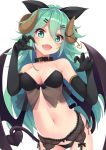  ass_visible_through_thighs bare_shoulders black_bow black_bra black_gloves black_neckwear black_panties blush bow bra breasts brown_horns claw_pose collar collarbone commentary cowboy_shot demon_girl demon_horns demon_tail demon_wings elbow_gloves eyebrows_visible_through_hair fang garter_belt gloves gold_trim green_eyes green_hair hair_between_eyes hair_bow hair_ornament hairclip heart highres horn_ornament horns kantai_collection lace-trimmed_garter_belt lingerie long_hair looking_at_viewer medium_breasts mofu_namako navel open_mouth panties revision see-through see-through_silhouette side-tie_panties simple_background solo succubus tail thigh_gap underwear underwear_only very_long_hair white_background wings yamakaze_(kantai_collection) 