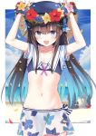  arms_up bangs beach black_hair blue_eyes blue_sky blush cloud cloudy_sky cowboy_shot day eyebrows_visible_through_hair flat_chest floral_print flower_wreath hat highres hips long_hair looking_at_viewer nanananana navel ocean open_mouth original outdoors sailor_collar short_sleeves skirt sky smile solo swimsuit white_skirt 