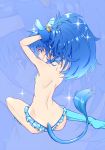  animal_ears arms_up ass bare_back bikini_bottom blue_background blue_bikini_bottom blue_choker blue_eyes blue_hair choker commentary_request cure_gelato extra_ears frilled_bikini_bottom frills from_behind kirakira_precure_a_la_mode lion_ears lion_tail long_hair looking_at_viewer looking_back magical_girl pasties precure shiny shiny_hair shiny_skin sitting smile solo swimsuit tail tategami_aoi topless yuto_(dialique) zoom_layer 