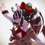 animal_ear_fluff animal_ears arm_up blue_eyes bow bowtie breasts extra_ears from_side hair_bow hand_up highres kemono_friends long_hair multicolored_hair open_mouth plaid plaid_skirt profile quagga_(kemono_friends) realistic red_bow school_uniform skirt solo tail takami_masahiro two-tone_hair upper_body zebra_ears 