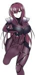  1girl breasts fate/grand_order fate_(series) feet hand_on_own_knee large_breasts leg_up long_hair looking_at_viewer panimiiru pov pov_feet purple_hair red_eyes scathach_(fate/grand_order) sheer_legwear smile soles toes 