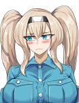 alternate_costume bangs blonde_hair blue_eyes blue_shirt blush breast_pocket buttons closed_mouth collared_shirt commentary_request cosplay embarrassed eyebrows_visible_through_hair gambier_bay_(kantai_collection) gambier_bay_(kantai_collection)_(cosplay) graf_zeppelin_(kantai_collection) hair_between_eyes hairband highres kantai_collection long_hair looking_at_viewer pocket shirt sidelocks simple_background solo standing tenrinoh twintails upper_body white_background 