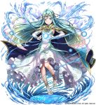  aura bangs barefoot blue_eyes blue_hair bridal_gauntlets capelet circlet cloak closed_mouth commentary_request dress fantasy floating_hair full_body gradient_hair highres long_dress long_hair looking_at_viewer magic multicolored_hair official_art original parted_bangs sakiyamama senkuu_no_reconquista smile solo very_long_hair watermark white_dress 