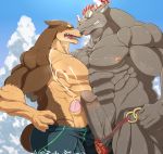  anthro anthro_on_anthro bovine broken_(artist) canine clothing cum doberman dog erection frottage glowing glowing_eyes gyumao hair horn humanoid_penis male male/male mammal muscular muscular_male nipples pecs penis red_hair sex shorts speedo swimsuit tokyo_afterschool_summoners xolotl 