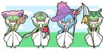  4girls alternate_color animal_ears arm_up blue_hair blue_sky blush blush_stickers border cat_ears chibi cloud creatures_(company) day fake_animal_ears female final_fantasy final_fantasy_xiv flower full_body game_freak gardevoir gen_3_pokemon gen_4_pokemon grass green_hair hand_on_hip hands_up happy hat highres holding holding_shield holding_spear holding_staff holding_sword holding_weapon looking_at_viewer mismagius muguet multiple_girls nintendo no_humans open_mouth orange_eyes outdoors pink_flower pink_hat pokemon pokemon_(creature) polearm purple_hat rayquaza red_eyes shield shiny_pokemon short_hair skitty sky smile spear staff standing sword tiara weapon white_border witch_hat 