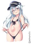  alternate_costume anchor_symbol ass_visible_through_thighs bare_arms bare_shoulders bikini bikini_pull blue_eyes breasts collarbone come_hither cowboy_shot cropped_legs ebifurya eyebrows_visible_through_hair flat_cap front-tie_top hair_between_eyes hat head_tilt hibiki_(kantai_collection) highres kantai_collection long_hair looking_at_viewer micro_bikini navel revealing_clothes shiny shiny_skin silver_hair small_breasts solo swimsuit thighs twitter_username 