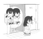  ^_^ argyle argyle_sweater bag blush chibi closed_eyes commentary_request eating food food_on_face from_behind glasses greyscale hair_ornament itou_hikari komiyama_kotomi kuroki_tomoko looking_to_the_side low_twintails monochrome multiple_girls necktie plastic_bag pleated_skirt restroom restroom_stall satou_takumi school_uniform side-by-side sitting skirt smile standing sweater toilet translated twintails watashi_ga_motenai_no_wa_dou_kangaetemo_omaera_ga_warui! x_hair_ornament 