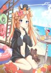  abigail_williams_(fate/grand_order) absurdres animal animal_on_head bad_id bad_pixiv_id bangs bare_legs barefoot beach bikini black_jacket blonde_hair blue_bikini blue_eyes blue_sky blush bow closed_mouth cloud collarbone commentary crazy_straw crossed_bandaids day drinking_straw dutch_angle eyebrows_visible_through_hair fate/grand_order fate_(series) flower hair_bow hair_flower hair_ornament hands_up heart_straw highres hood hood_down hooded_jacket horizon innertube jacket long_hair long_sleeves navel ocean octopus on_head orange_bow outdoors parfait parted_bangs red_flower rot_zzi sand sitting sky sleeves_past_fingers sleeves_past_wrists smile solo stuffed_animal stuffed_toy swimsuit teddy_bear twintails very_long_hair wariza water yellow_flower 