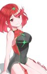  bangs breasts grimmelsdathird highres homura_(xenoblade_2) jewelry large_breasts looking_at_viewer one-piece_swimsuit red_eyes red_hair short_hair sidelocks simple_background smile solo swept_bangs swimsuit tiara white_background xenoblade_(series) xenoblade_2 