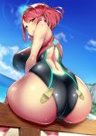  aburisamon ass bangs bare_shoulders beach blue_sky blush breasts cloud commentary_request day fence from_behind half-closed_eyes highres hips homura_(xenoblade_2) large_breasts looking_at_viewer looking_back naughty_face ocean one-piece_swimsuit outdoors red_eyes red_hair short_hair sitting skin_tight sky smile solo swept_bangs swimsuit wide_hips wooden_fence xenoblade_(series) xenoblade_2 