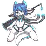  alanisawolf777 anthro balls black_fur blue_eyes blue_hair bulge child cub dragon foreksin fur furred_dragon hair male melee_weapon navel penis scarf simple_background solo standing sword uncut weapon white_fur young 