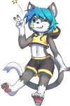  4_toes 5_fingers alanisawolf777 black_fur blue_eyes blue_hair cat clothing cub feline fur grin hair hoodies mammal navel pawpads shorts smile toes white_fur young 