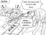  bangs bare_arms closed_eyes comic commentary drooling english english_commentary eyebrows_visible_through_hair fang gambier_bay_(kantai_collection) girls_frontline greyscale guin_guin gun hair_between_eyes hairband kantai_collection long_hair low-tied_long_hair messy_hair mk48_(girls_frontline) monochrome mre multiple_girls s.a.t.8_(girls_frontline) short_sleeves sleeping sleeveless speech_bubble triangle_mouth under_covers weapon zzz 