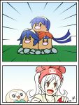  alolan_dugtrio bandana blue_eyes blue_hair comic commentary cosplay crossover dugtrio english_commentary female_my_unit_(fire_emblem:_kakusei) fire_emblem fire_emblem:_fuuin_no_tsurugi fire_emblem:_kakusei fire_emblem:_monshou_no_nazo hat highres lucina lucina_(cosplay) marth marth_(cosplay) mizuki_(pokemon) mizuki_(pokemon)_(cosplay) my_unit_(fire_emblem:_kakusei) poke_ball pokemon pokemon_(creature) pokemon_(game) pokemon_sm raydango red_hair rowlet roy_(fire_emblem) roy_(fire_emblem)_(cosplay) simple_background smile tiara twintails white_hair 