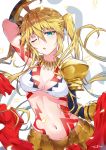  ;o ahoge angelica_ainsworth armpits blonde_hair blue_eyes bra breasts cleavage cosplay fate/kaleid_liner_prisma_illya fate_(series) gilgamesh gilgamesh_(cosplay) gloves gold_armor highres large_breasts long_hair looking_at_viewer navel one_eye_closed open_mouth shadow simple_background solo tattoo tsukino_(nakajimaseiki) twintails underwear upper_body white_background white_bra 
