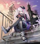  beret black_jacket cable canata_katana casing_ejection cloud cloudy_sky commentary_request crossed_legs desert_tech_mdr evening eyebrows_visible_through_hair girls_frontline gloves gun hat heterochromia highres jacket long_hair mdr_(girls_frontline) pantyhose railing shell_casing shoes side_ponytail silver_hair sitting skirt sky smile sneakers weapon 