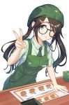  ;d apron arm_support black-framed_eyewear black_neckwear blue_eyes blush breasts brown_hair collared_shirt employee_uniform eyebrows_visible_through_hair glasses green_apron green_hat grin hat highres idolmaster idolmaster_shiny_colors kotoribako leaning_forward long_hair medium_breasts mitsumine_yuika necktie one_eye_closed open_mouth shiny shiny_hair shirt short_sleeves smile solo table teeth twintails uniform v white_shirt wing_collar 