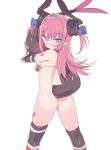  armor armored_boots ass bangs bikini_armor black_legwear blade_(galaxist) blue_eyes blush boots bottomless closed_mouth curled_horns dragon_girl dragon_horns dragon_tail earrings elizabeth_bathory_(brave)_(fate) elizabeth_bathory_(fate)_(all) eyebrows_visible_through_hair fate/grand_order fate_(series) hair_between_eyes hair_ribbon holding_own_tail horns jewelry knee_boots long_hair looking_at_viewer looking_back oversized_clothes pauldrons pink_hair pointy_ears purple_ribbon red_armor red_footwear ribbon simple_background solo standing tail tail_hug tail_raised tail_wrap thighhighs tiara two_side_up vambraces very_long_hair white_background 