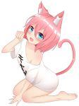  :d animal_ears arm_up bangs bare_legs barefoot blue_eyes blush breasts cat_ears cat_girl cat_tail cleavage clothes_writing commentary_request eyebrows_visible_through_hair fang feet fingernails hair_between_eyes hand_up highres legs leng_xiao off_shoulder open_mouth original paw_pose pink_hair shirt short_sleeves simple_background sitting small_breasts smile soles solo tail tail_raised translation_request wariza white_background white_shirt wide_sleeves 