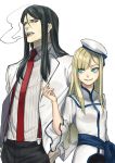  1girl black_hair blonde_hair blue_eyes cigar commentary fate_(series) hat height_difference jacket long_hair lord_el-melloi_ii lord_el-melloi_ii_case_files necktie open_clothes open_jacket red_neckwear reines_archisorte_el-melloi ruffled_sleeves simple_background smile smoking suspenders waver_velvet white_background yukiyago 