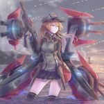  anchor anchor_hair_ornament aqua_eyes black_ribbon black_skirt blonde_hair commentary_request gloves hair_ornament hat highres iron_cross kantai_collection kneehighs long_hair low_twintails machinery microskirt military military_hat military_uniform peaked_cap prinz_eugen_(kantai_collection) ribbon skirt solo twintails uniform white_gloves yomi_(yomi14_pyaon) 