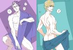  ? ass back blonde_hair blue_eyes covering covering_crotch fate/grand_order fate_(series) from_behind gawain_(fate/extra) gawain_(fate/grand_order) lancelot_(fate/grand_order) looking_at_viewer male_focus multiple_boys naked_sheet one_knee purple_hair short_hair toned toned_male yococco 
